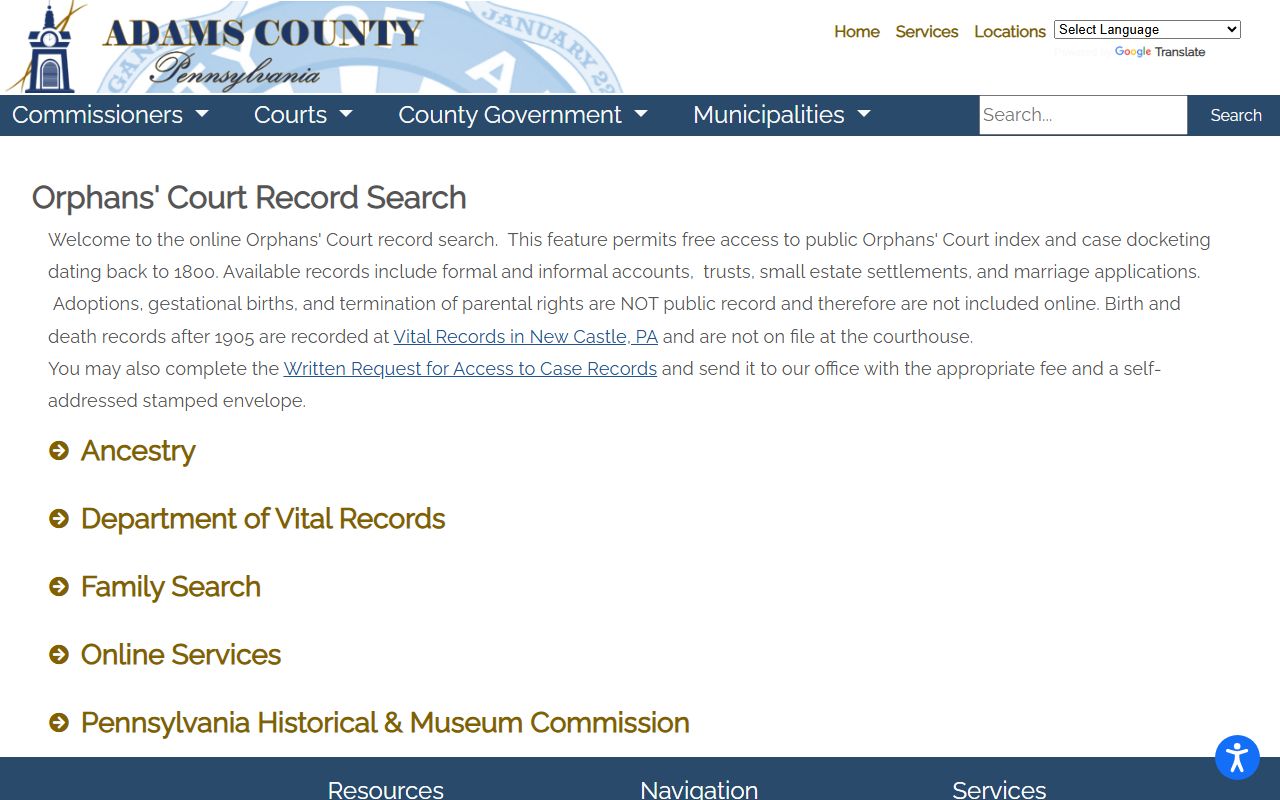 Adams County Orphans Court case search for family court records