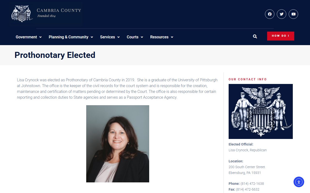 Cambria County Prothonotary office for family court records in Ebensburg PA