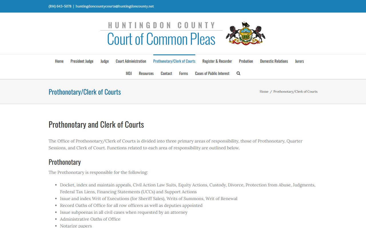 Huntingdon County family court records Prothonotary page