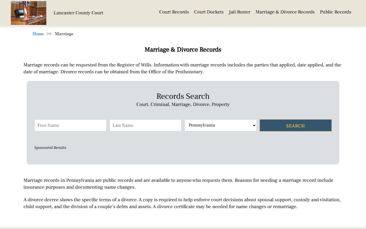 Lancaster County family court records marriage and divorce page