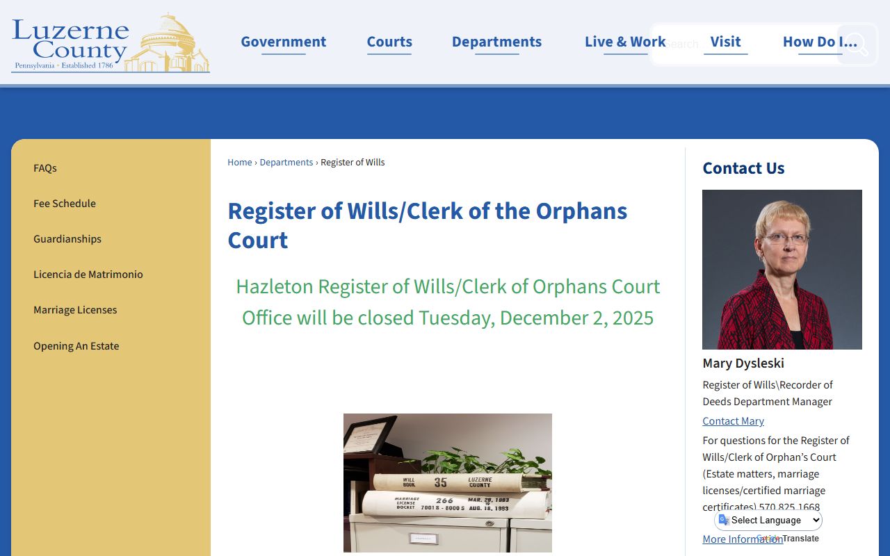 Luzerne County family court records - Register of Wills