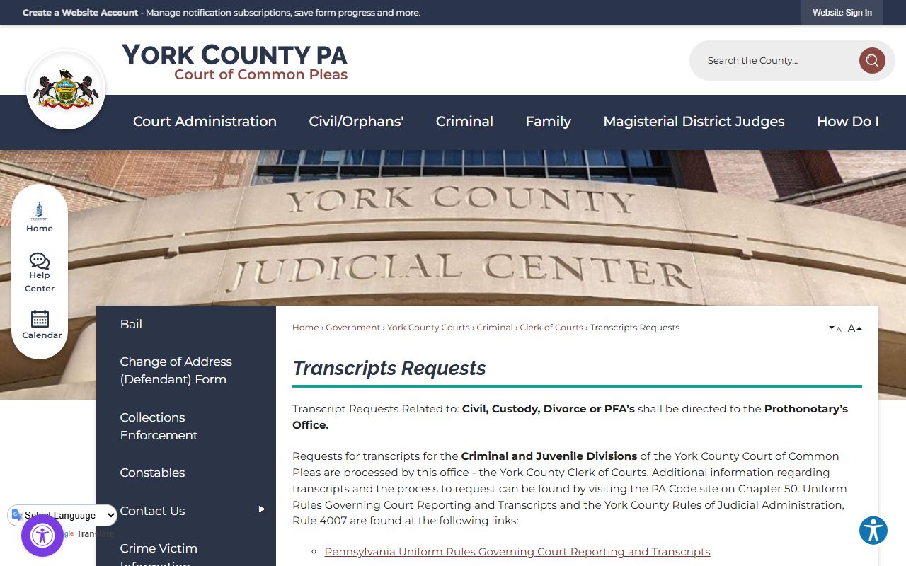 York County family court records transcript requests