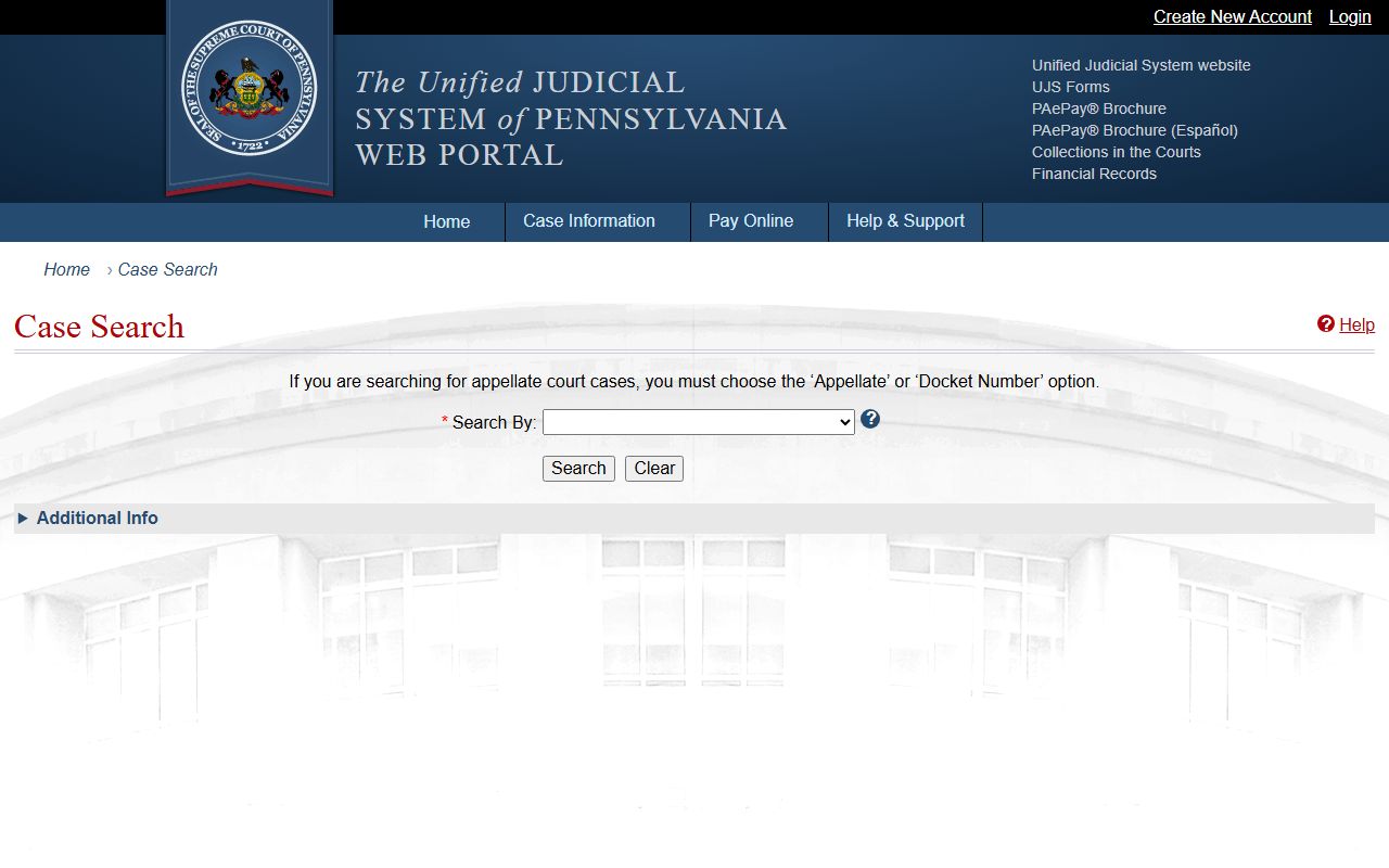 UJS Portal case search docket information tool for Pennsylvania family court records