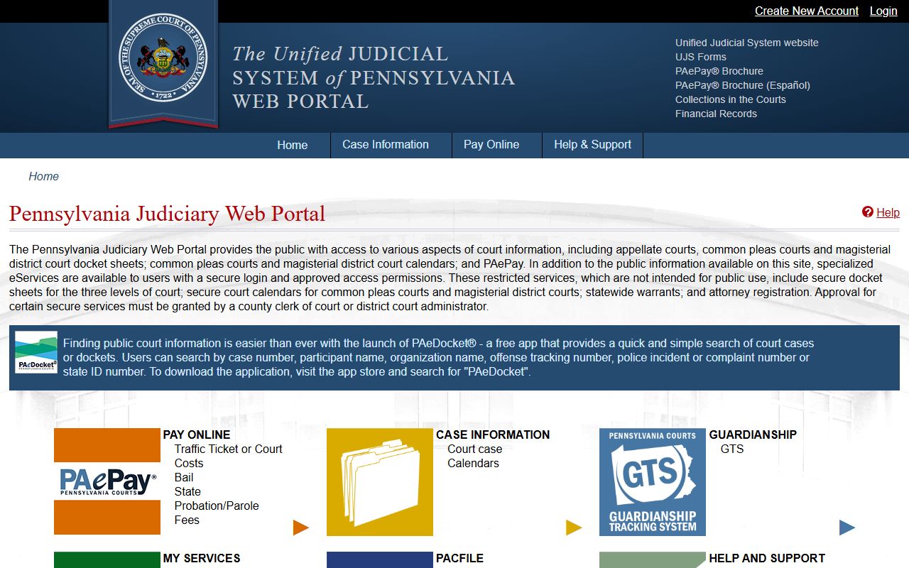 Pennsylvania UJS Portal homepage for searching family court records